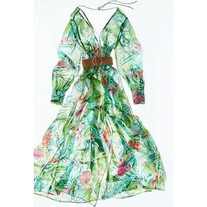 MIDI FLORAL PRINTED DRESS WITH BELT SEA GREEN